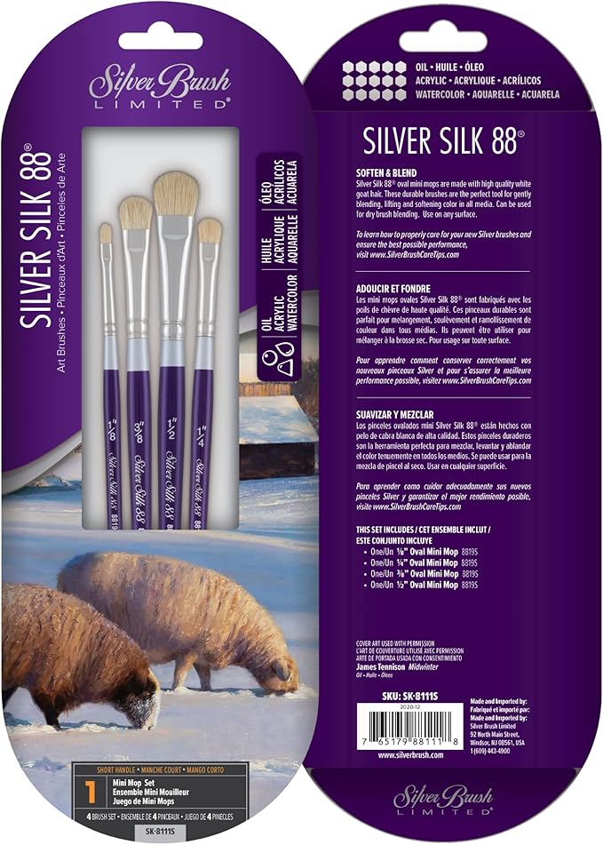 Silver Brush Limited SK-8111S Silver Silk 88 Mini Mop Set for Acrylic, Watercolor, Gouache, Inks, & Dyes, Set of 4 Mini Mop Paintbrushes, Size 1/8, 1/4, 3/8, and 1/2 Inch, Short Handle