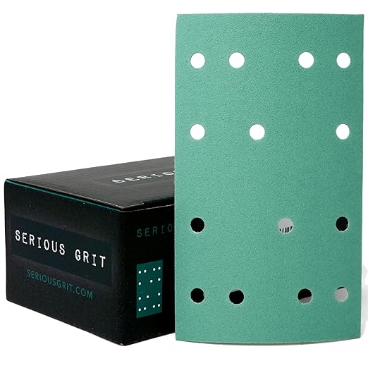 Serious Grit - 3" x 5" (80mm x 133mm) 14-Hole 220 Grit Sanding Sheets - Fits Festool RTS 400 & Mirka Deos 353 - Heavy-Duty Hook & Loop Film Abrasives - Sandpaper for Sheet Sanders - 50 Pack Box