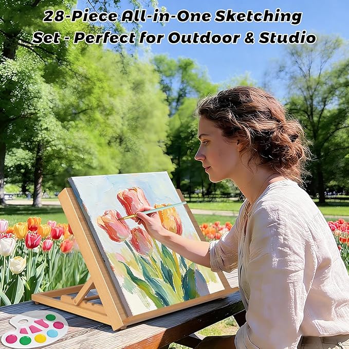 28PCS Tabletop Easel Set with 12 Acrylic Paints | 5 Brushes | 9x12 Canvas & 8x10 Panels | Palette | Sketchbook | Cleaning Bucket | Canvas Pad | Art Painting Kits for Adults, Kids & Artists