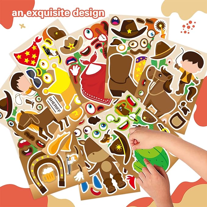24 Sheets Western Cowboy Stickers, Make a Face Stickers for Kids, Make Your Own Cowboy Sticker DIY Crafts for Birthday Activities Party Supplies Classroom Rewards Gifts