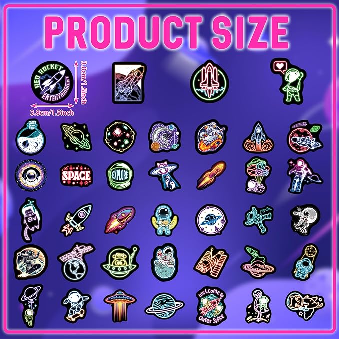 75 Pcs Neon Space Planets Stickers for Kids Glow in The Dark, Vinyl Astronaut Sticker for Water Bottle, Waterproof Laptop Decals for Teens Girls Boys Adults