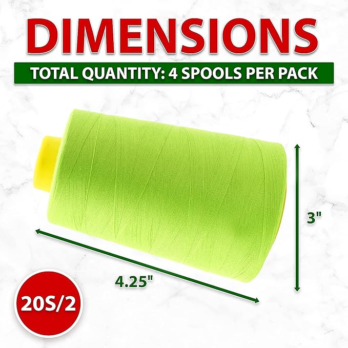 Mandala Crafts 4 Pack of Serger Threads Cones Spools - 40S/2 24000 Yards Polyester Lime Green Threads for Sergers Machine and Overlock Quilting Sewing Machine