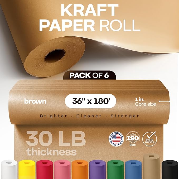 Brown Kraft Paper Roll 36" x 2160" (180 feet), Pack of 6 - USA-Made Brown Packing Paper 30lb Thickness for Moving, Shipping, Crafts/Arts - 100% Recycled Natural Wrapping Material by IDL Packaging