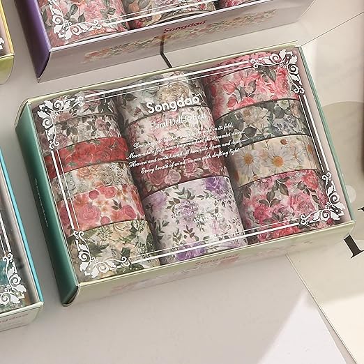 Floral Washi Tape Set - 15 Rolls Flowers Arts Adhesive Tapes Garden Blooms Decorative Masking Tape Sets for Craft, Kids, Scrapbook, DIY, Gift Wrloapping (4-Rose Charm)