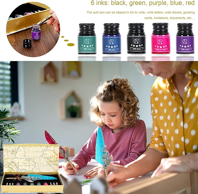 NC Quill Pen Ink Set Includes 5 Bottles of Ink and 6 Replaceable Stainless Steel Nibs, Feather Pen for Writing, Signing Invitations Etc. (Sky Blue)