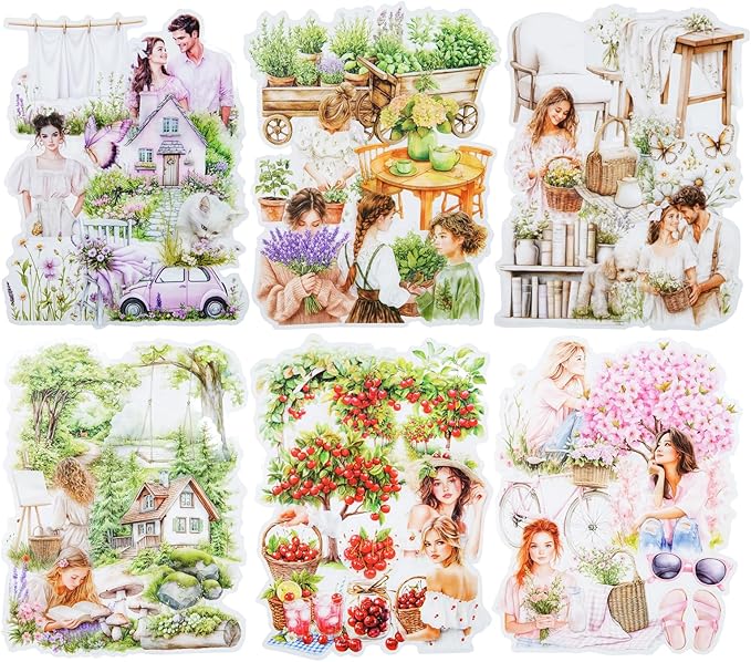 Garden Girl Sticker Set, 120PCS PET Vintage Nature Stickers for Journaling, Scrapbooking, Planner Supplies and DIY Crafts