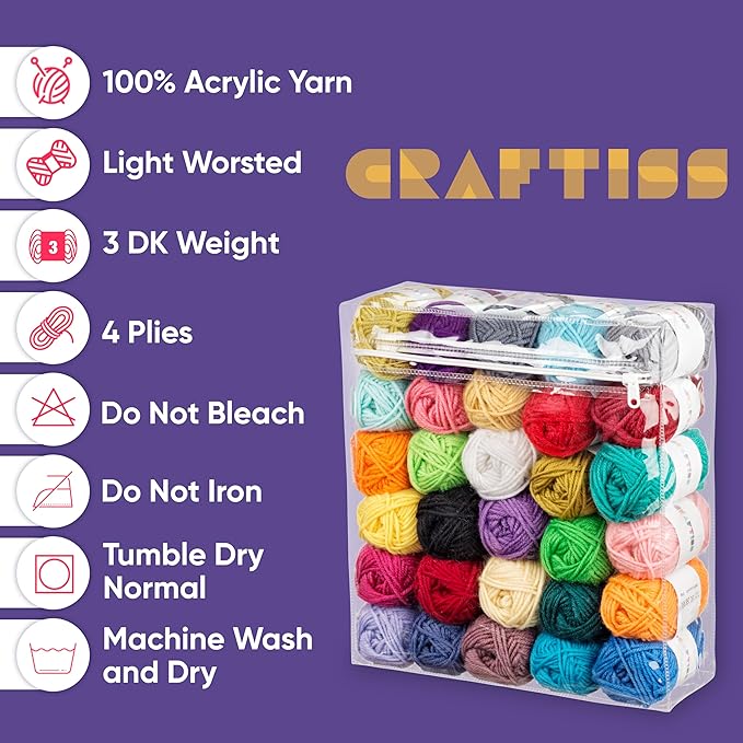 CRAFTISS 30 of 20g/0.7Oz Acrylic Yarn Mini Skeins - 1300 Yards of Soft Yarn for Crocheting and Knitting Craft Project, Assorted Starter Crochet Bulk Kit for Adults and Kids