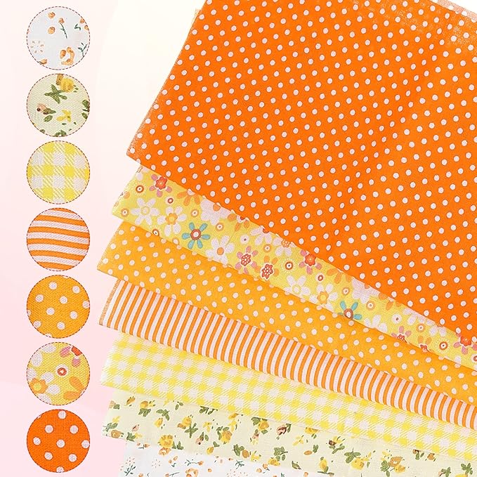 PATIKIL Cotton Fabric Bundles, 7 Pcs 10 x 10 Inch Pure Cotton Fat Quarter Floral Printed Precut Fabric Squares for Sewing Patchwork Quilting DIY Crafts, Orange