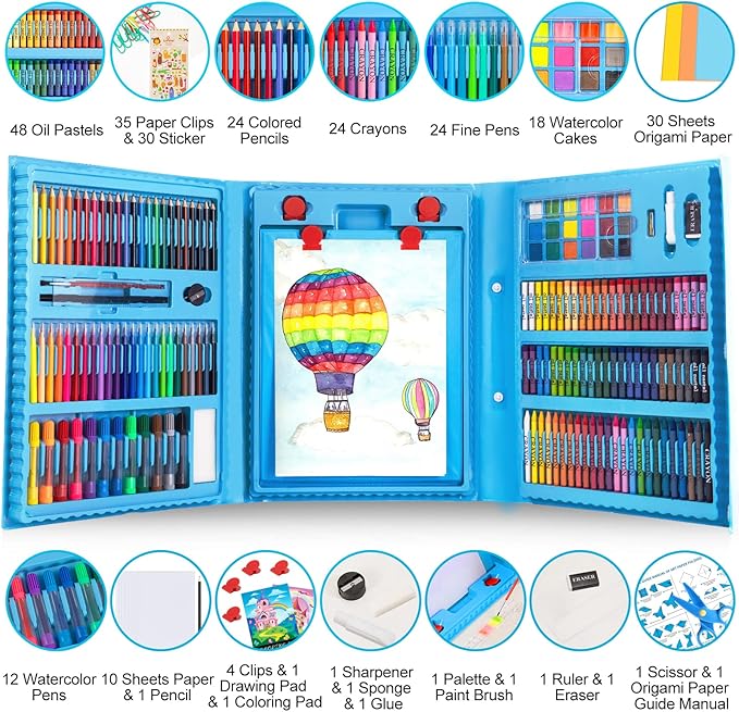 Art Supplies, 272 Pack Art Set Drawing Kit for Girls Boys Teens Artist, Deluxe Gift Art Box with Trifold Easel, Origami Paper, Coloring Book, Drawing Pad, Pastels, Crayons, Pencils, Watercolors(Blue)