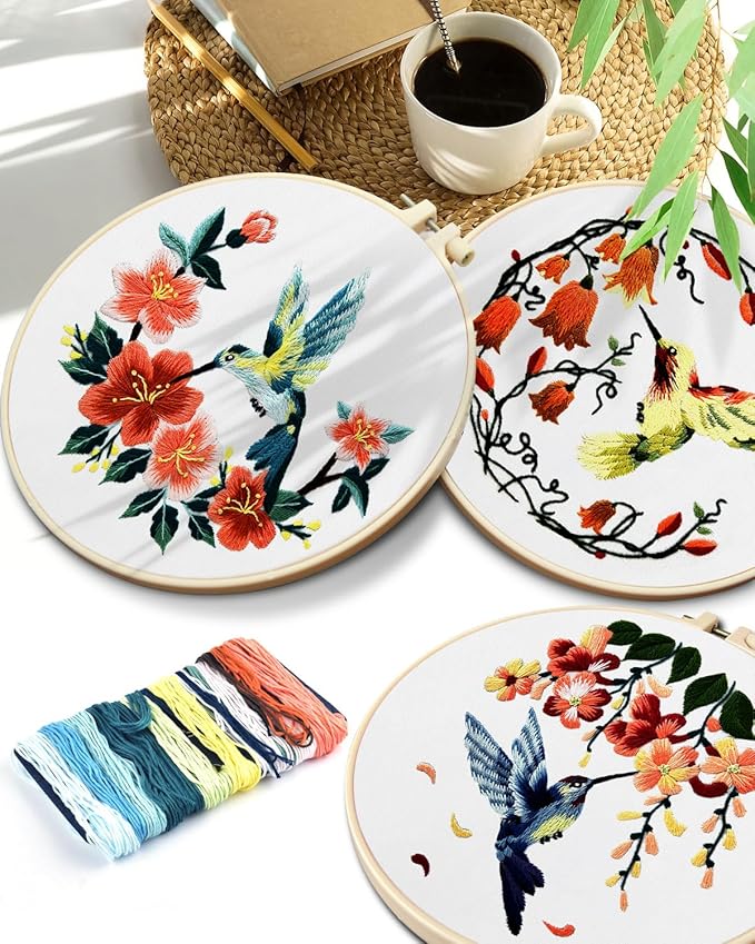 TINDTOP Hummingbird and Flower Embroidery Kit for Adults