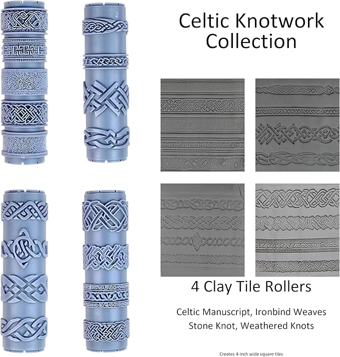 Celtic Knotwork Collection 4-Pack Clay Texture Rollers (4") - Seamless Border Set #01 - Embossing Pattern Rollers for Polymer & Ceramic Clay, Pottery & Crafts