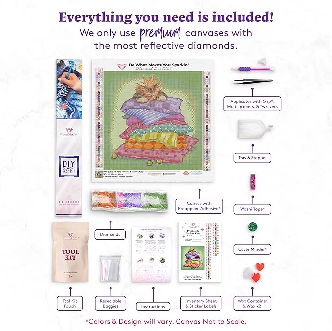 DIAMOND ART CLUB Princess and The Pea Kitty Diamond Painting Kit, Fun DIY Crafts for Adults, Square Diamond Art Canvas, 13" x 13"