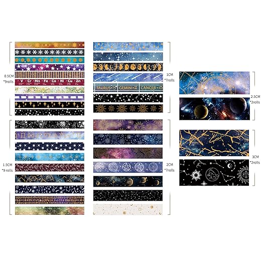 36 Rolls Galaxy Washi Tape Pack Stars Arts Adhesive Tapes Gold Silver Foil Decorative Masking Tape Sets for Craft, Kids, Scrapbook, DIY, Gift Wrapping (Constellation 36 Rolls)