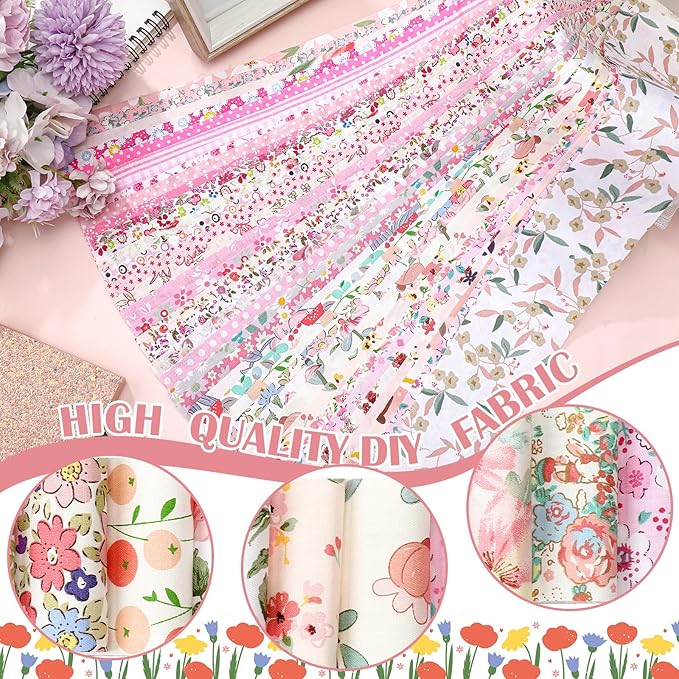 Ganeen 100 Pcs Pink Floral Quilting Fabric Roll 2. 56 Inch Fabric Squares Jelly Patchwork Precut Strips Bundles for Holiday Materials Craft DIY Sewing Cloths