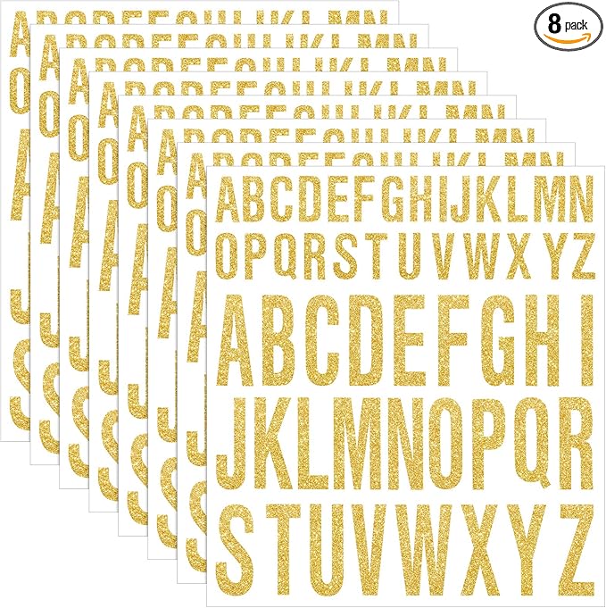 8 Sheet Glitter Letter Stickers Vinyl Alphabet Stickers Waterproof Self Adhesive Stick on Letters for Poster Bulletin Board Mailbox School Classrooms Decor(1 Inch, 2 Inch,Gold)