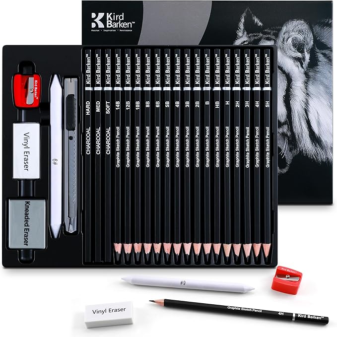 24PCS Professional Sketch Pencil Set – 5H to 14B Pencils, Charcoal Pencils, Art Supplies Kit with Erasers, Sharpener, Knife – Ideal Gift for Artists, Students, Kids, Beginners