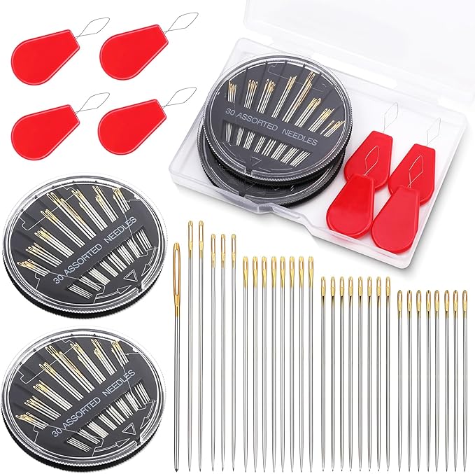 Ftyiwu 60 Pack Hand Sewing Needles, Embroidery Needles Kit Assorted, 6 Sizes Large Eye Sewing Needles with Threaders for DIY Craft Projects, Handsewing, Sewing Repair