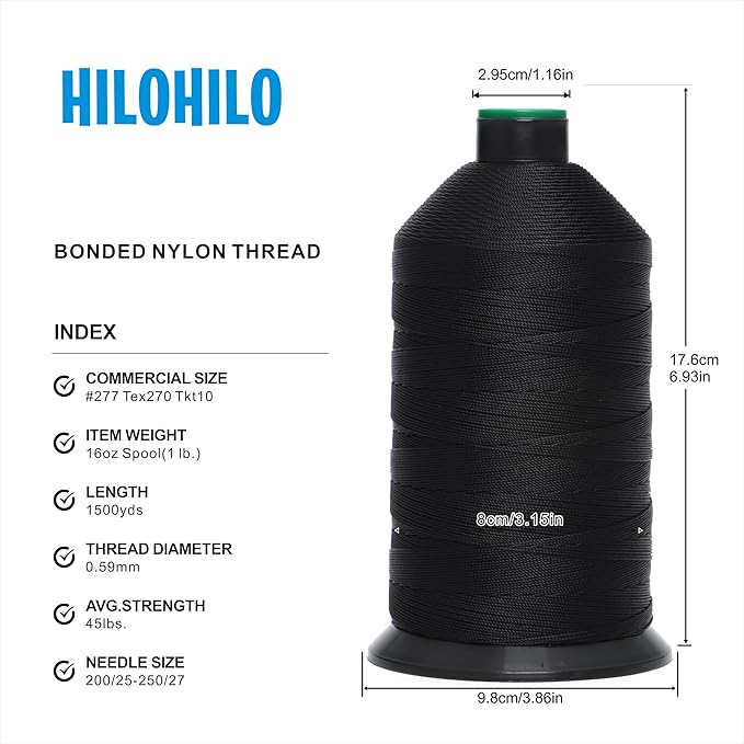 Extra Strong Bonded Nylon Thread #277 Tex270 – 16 OZ, 1500yds, Versatile Stitching Solution for Leather, Upholstery, Canvas Repair and More (Black)