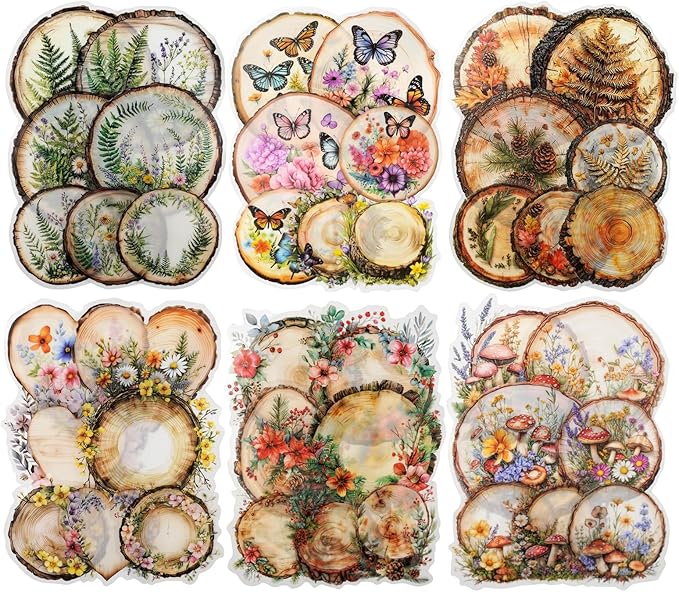 60 PCS Nature PET Stickers, Faux Wood Slice Botanical Stickers with Mushrooms, Flowers, and Butterflies for Scrapbooking, Journaling, and DIY Crafts