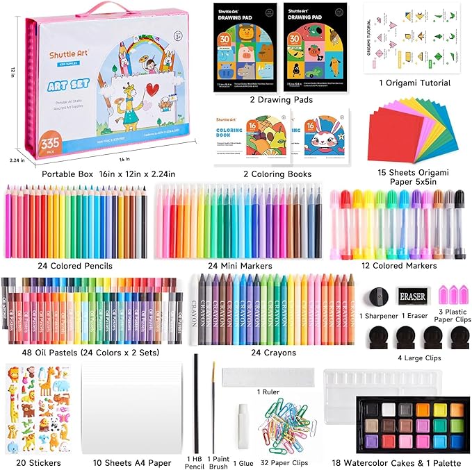 Shuttle Art 335 Piece Kids Art Set, Multi-Media Art Supplies, Gift Art Kit with Trifold Easel, 2 Drawing Pads, 2 Coloring Books, Oil Pastels, Crayons, Watercolors, Markers, Colored Pencils (Pink)