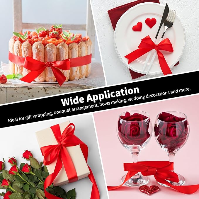 1-1/2 Inch Wide Red Satin Ribbon, 50 Yards Solid Polyester Fabric Ribbon for Roses Making, Gift Wrapping, Valentine's Day, Wedding Decorations, Crafts, Bows