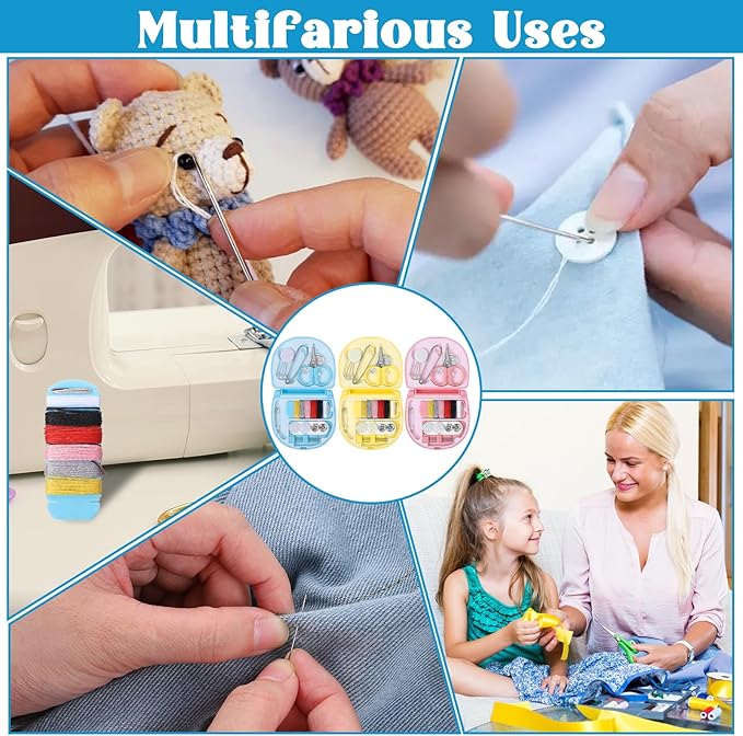 3Pack Mini Sewing Kit, Small Sewing Kit Mini, Emergency Sewings Tool with Scissors, Threads, Needles for Emergency Clothes Repair(Dark Pink, Yellow, Dark Blue)