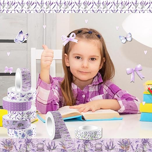 12 Pcs Lavender Washi Tape Purple Floral Masking Tape Decorations Flower Butterfly Decorative Paper Sticker for Journals, Planners, DIY Craft Gift Wrapping Handbook Stickers