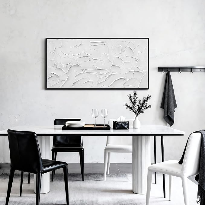 Large Hand-Painted Oil Painting on Canvas Black Frame White Textured Wall Art Abstract Minimalist 3d Artwork Neutral Wall Picture Home Decor for Living Room Bedroom Office Ready to Hang 60x30inch