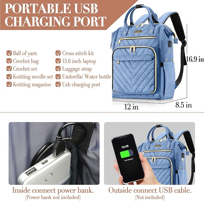 Knitting Bag Backpack, Yarn Organizer with USB Charging Port, Quilted Backpack for Women, Christmas Gifts Large Travel Crochet Bag Totes for Crochet Hooks, Knitting Needles, Yarn Supplies, Blue