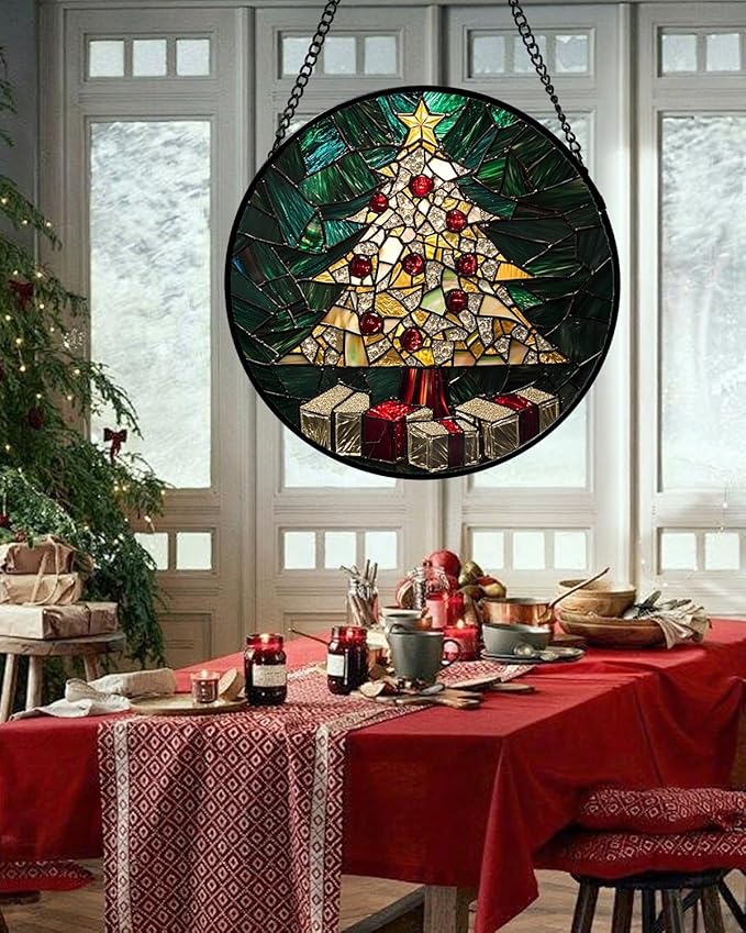 Stained Glass Window Hanging - Golden Christmas Tree Suncatcher for Doors Home Christmas Decoration Winter Sun Catcher Thanksgiving New Year Birthday Gifts for Women Men Mom Nana Girl 11.8 in