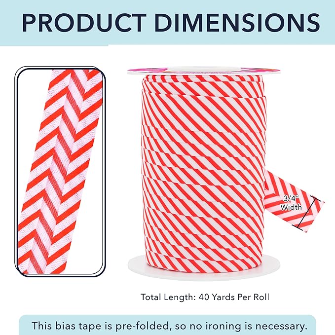 Mandala Crafts 3/4 Inch Single Fold Bias Tape for Sewing, Quilting, Piping, Hemming, Blanket & Quilt Binding – 40 Yards Candy Cane Fabric Seam Binding Tape