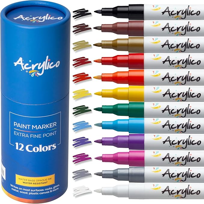 Acrylic Paint Markers Set – 12 Acrylic Paint Pens for Fabric, Metal, Rock Painting & Ceramic – Art Supplies for Adults & Kids