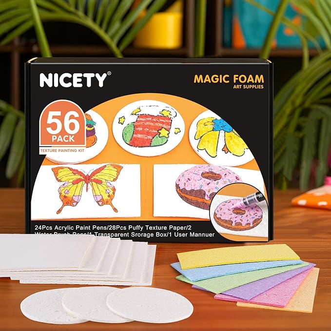 NICETY Magic Foam Texture Painting Kit, 56 Pack 3D Art Set with 24 Acrylic Paint Pens, 28 Puffy Texture Paper, 2 Water Brush Pens, Transparent Storage Box – Aqua Puffs Effect Magic Paint Set