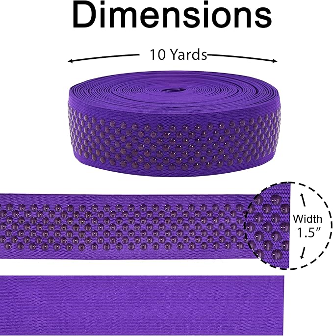 Mandala Crafts 1.5 Inch Elastic Silicone Gripper Tape for Clothing - 10 Yds Dotted Non Slip Elastic Band for Sewing - Purple Silicone Flat Fabric Stretchy Ribbon Straps