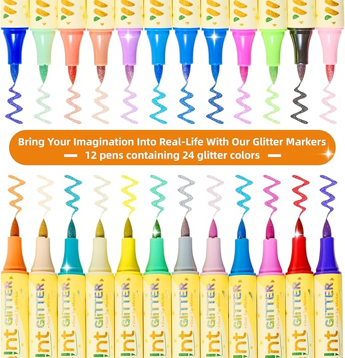 WePaint Glitter Marker Pens Dual Tip, 12 Shimmer Markers 24 Glitter Colors Metallic Marker with Brush Tips, Water-based Ink for Kids Adults DIY Crafts, Card Making, Scrapbooking, Kids School Supplies