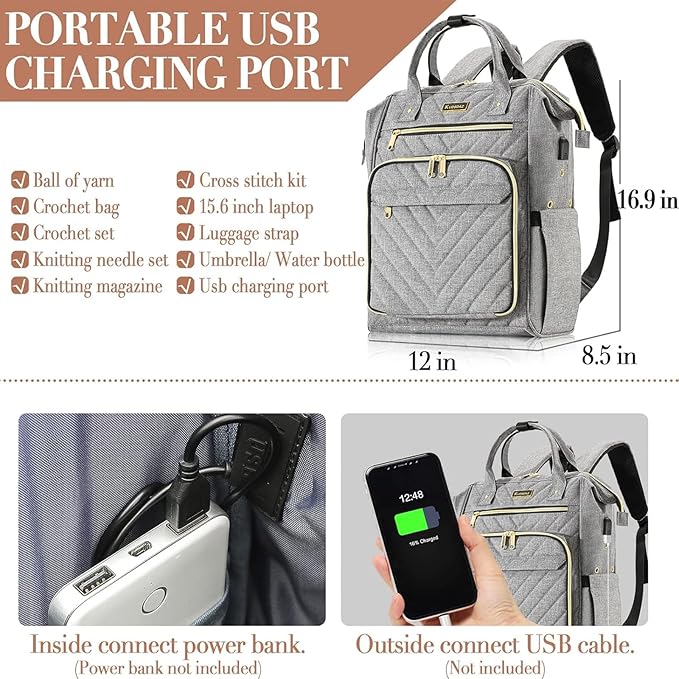Knitting Bag Backpack, Crochet Bag Tote with USB Charging Port, Yarn Storage Organizer, Christmas Gifts Crochet Lovers Gift, Yarn Storage Tote Bag for Knitting & Crochet Accessories, Grey