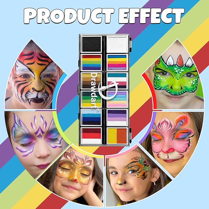 Professional Face Painting Kit for Kids & Adults, Split Cake Face Paint Palette 12 x 10gm with Stencil, One Stroke Non Toxic Rainbow Body Paint Set for Halloween & Christmas Makeup