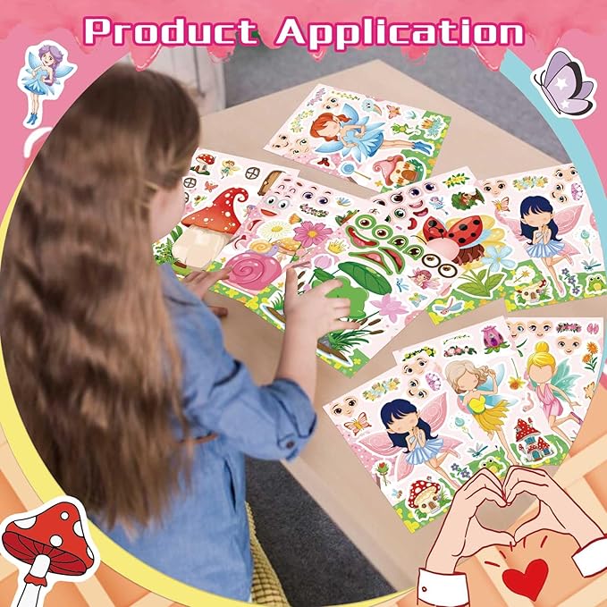 24 PCS Fairy Stickers for Kids, Make a Face Sticker with 8 Unique Designs Fairy, Frog, Mushroom, Make Your Own Stickers for Girls Birthday Party Favors, Goodie Bags, DIY Crafts