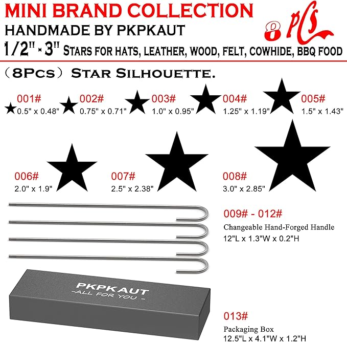 8Pcs Mini 1/2"-3" Branding Irons, Star Silhouettes Custom Wood Branding Iron Personalized for Wood Working, Leather Hats, Felt, Cowhide, BBQ Brander & Bread Logo, Steak Branding Iron for Food