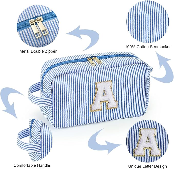 YOOLIFE Teen Girls Makeup Bag - Monogram Makeup Bags Cosmetic Toiletry Pouch Make Up Case for Women Her Best Friend Friendship Sister Teacher, Personalized Birthday Gifts for Women, Blue Y