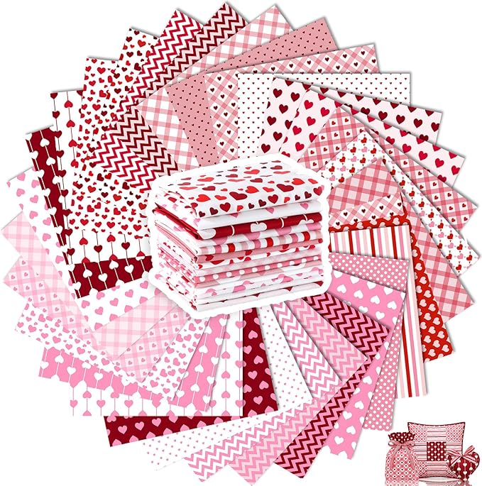 Tatuo 30 Pieces 10 x 10 Inches Cotton Fabric Bundle Squares Patchwork Floral Fabric Sewing Quilting Bundles Assorted Pattern Cloth for DIY Scrapbook Craft Making(Valentine)