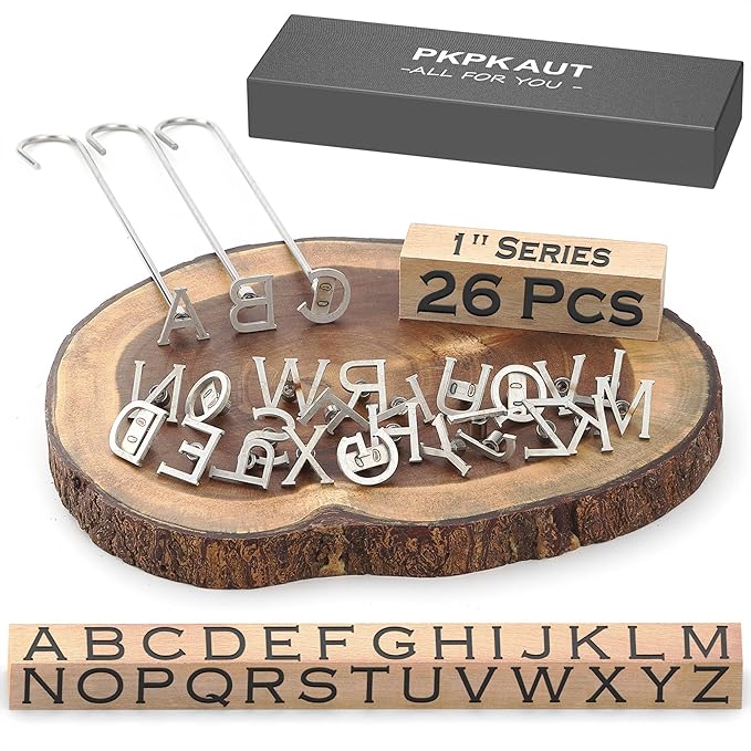26Pcs Mini 1" Branding Irons, Alphabet Custom Wood Branding Iron Personalized for Wood Working, Leather Hats, Felt, Cowhide, BBQ Brander & Bread Logo, Steak Branding Iron for Food