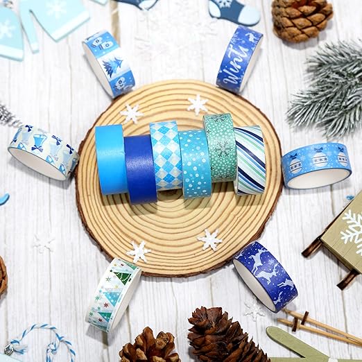 Winter Washi Tape Set,12 Rolls Blue White Holiday Decorative Tape Snowflake Xmas Tree Bell Reindeer Masking Tape for Journaling Supplies,Journal,Scrapbooking,DIY Arts & Crafts, Gift Wrapping