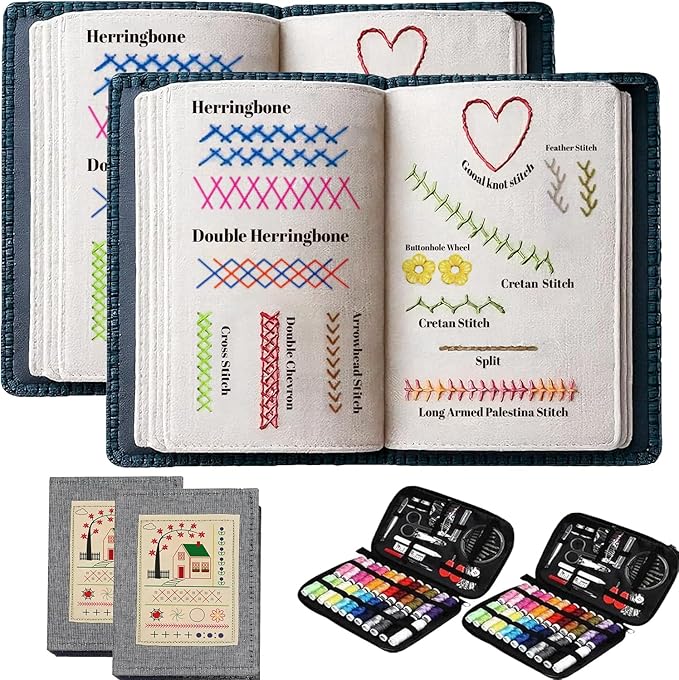 Froklic Embroidery Stitch Book, Portable Sewing & Hand Embroidery Kit, Cross Stitch Kits, DIY Needlepoint Starter Set with Complete Toolkit & Instructional Tutorial for Adults & Beginners(2 Set)