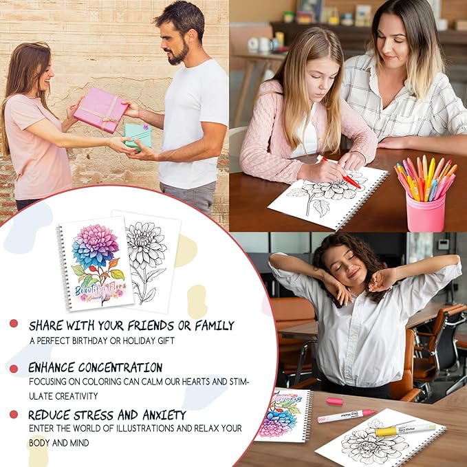 Tlenpo Floral Coloring Books for Adults, Spiral Bound 130gsm Thick Paper Non-Bleed, Alcohol Markers Coloring Books for Adults Relaxation, Anxiety Relief Gifts, Single-Sided Print with 50 Pages