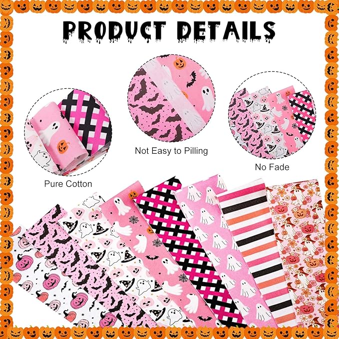 40Pcs Pink Halloween Cotton Jelly Fabric Strips Pumpkin Ghost Bat Fabric Strips for Quilting Crafting Precut Patchwork for Halloween Sewing DIY Crafts Decor