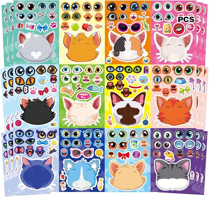 36 Sheets Cat Make a Face Sticker Sheets for Kids Todder, Make Your Own Stickers with 12 Cat Face Designs for Kids Birthday Party Favor Supplies Craft