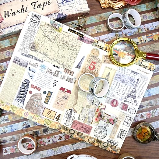 Vintage Washi Tape Set,12 Rolls Holiday Travel Aesthetic Decorative Tape Retro Poster Map Stamp Clocks Architecture Masking Washi Tape for Journaling Supplies, Scrapbooking, DIY Arts & Crafts