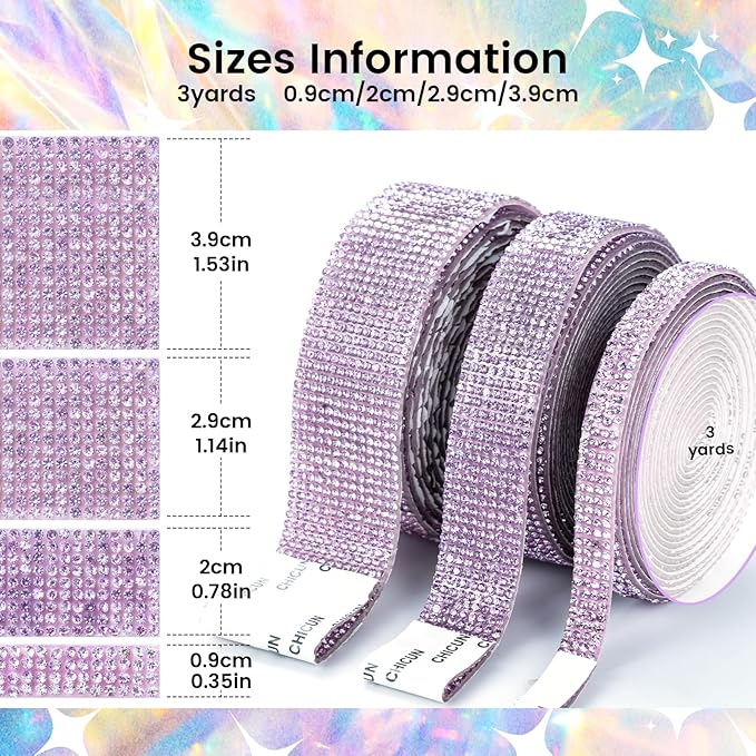 Novani Self Adhesive Rhinestone Ribbon, 0.78 Inch Wide 3 Yards 1 Roll, Purple Crystal Diamond Bling Strips for DIY Crafts, Home Decor, Clothing,Shoes, Car Decoration（Purple）
