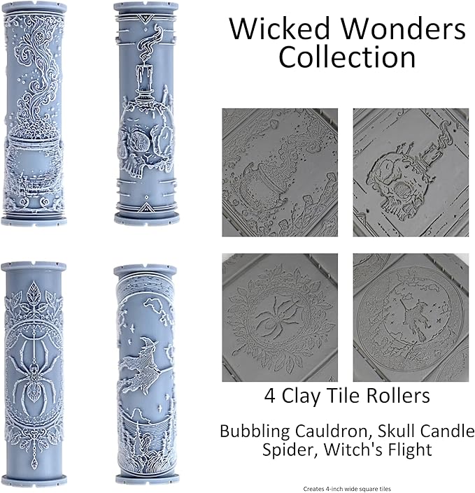 Wicked Wonders Collection Clay Texture Rollers 4-Pack (4") - Halloween Set #01 - Embossing Pattern Rollers for Polymer & Ceramic Clay, Pottery & Crafts